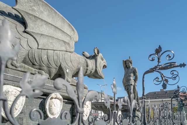 Lindwurm Fountain in Klagenfurt, Austria