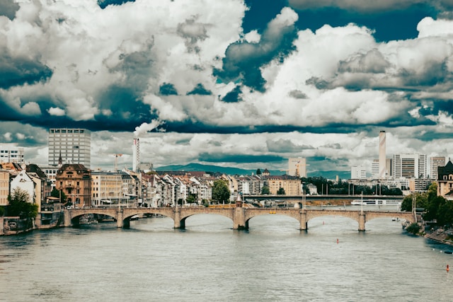 Mittlere Bruecke and Rhine Banks in Basel, Switzerland