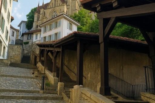 Escaliers du Marche and Old Town Market in Lausanne, Switzerland