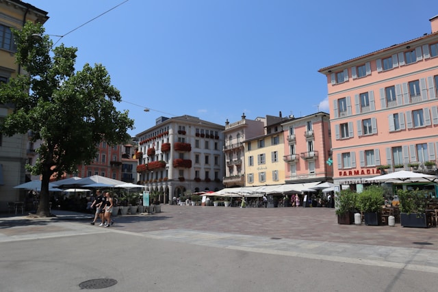 Lugano Old Town and Piazza della Riforma in Lugano, Switzerland