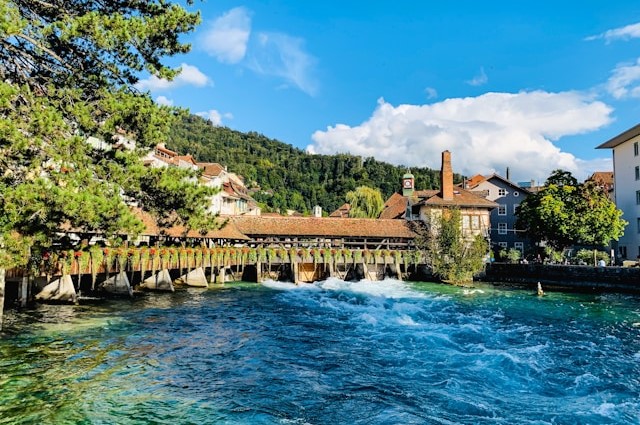 Aare Wooden Bridges and Sluice in Thun, Switzerland